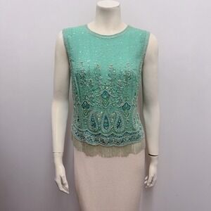 Escada Couture Evening Silk Top Aqua Beads Sequin Floral Paisley Altered 42 10